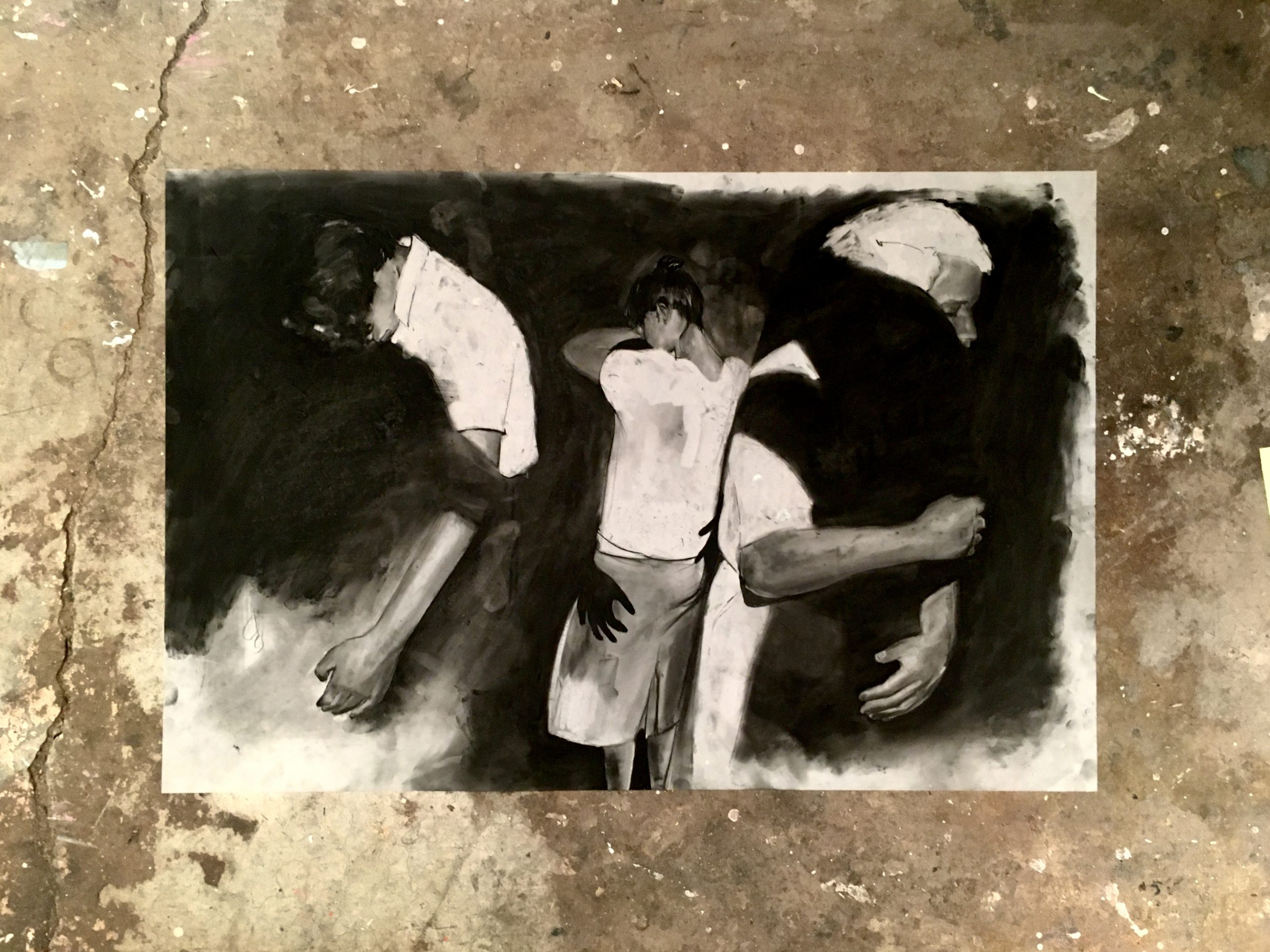 Large-scale charcoal drawing created by visual artist Alissa Zilber of people dancing with shadows.