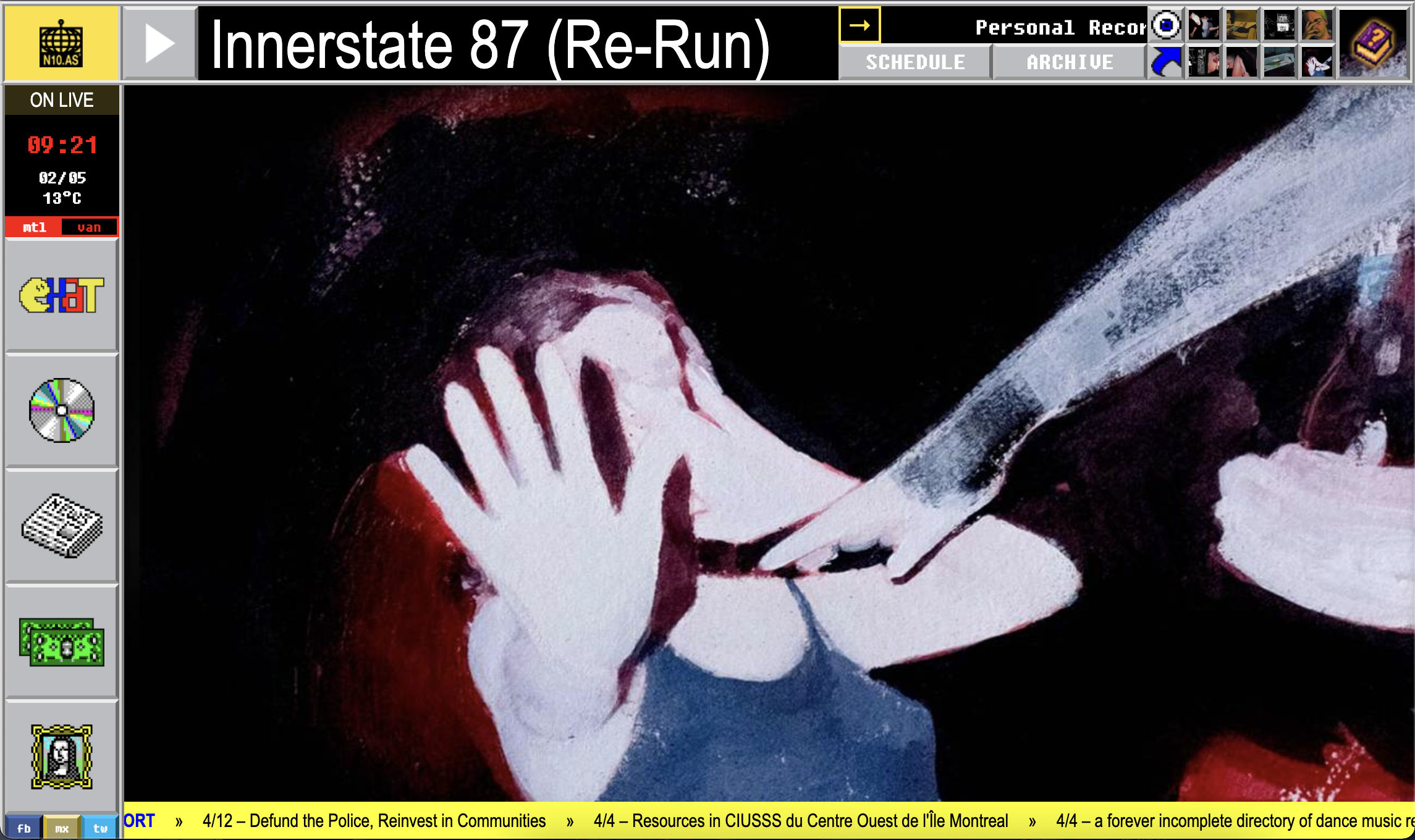 A painting of a woman with her hand stretched out in front of her face created by artist Alissa Zilber displayed on n10as, a community-based radio station broadcasting from Montréal.